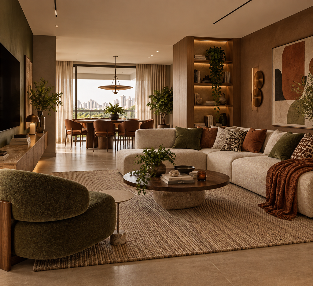 Ambiente residencial com materiais naturais e tons neutros